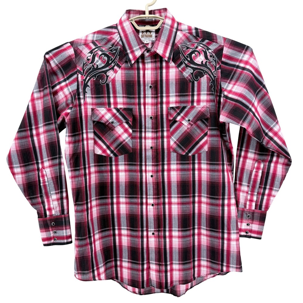 Ely Cattleman Western Shirt Mens M Red Black Plaid Black Pearl Snaps Embroidery - Picture 2 of 10